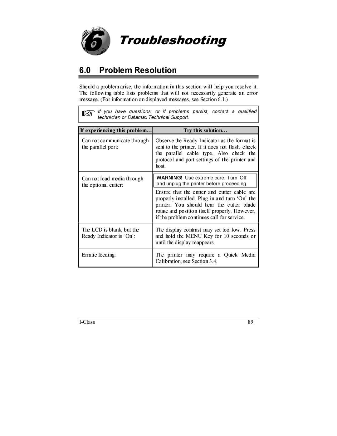 Datamax I-4208, I-4206 manual Troubleshooting, Problem Resolution, If experiencing this problem… Try this solution… 