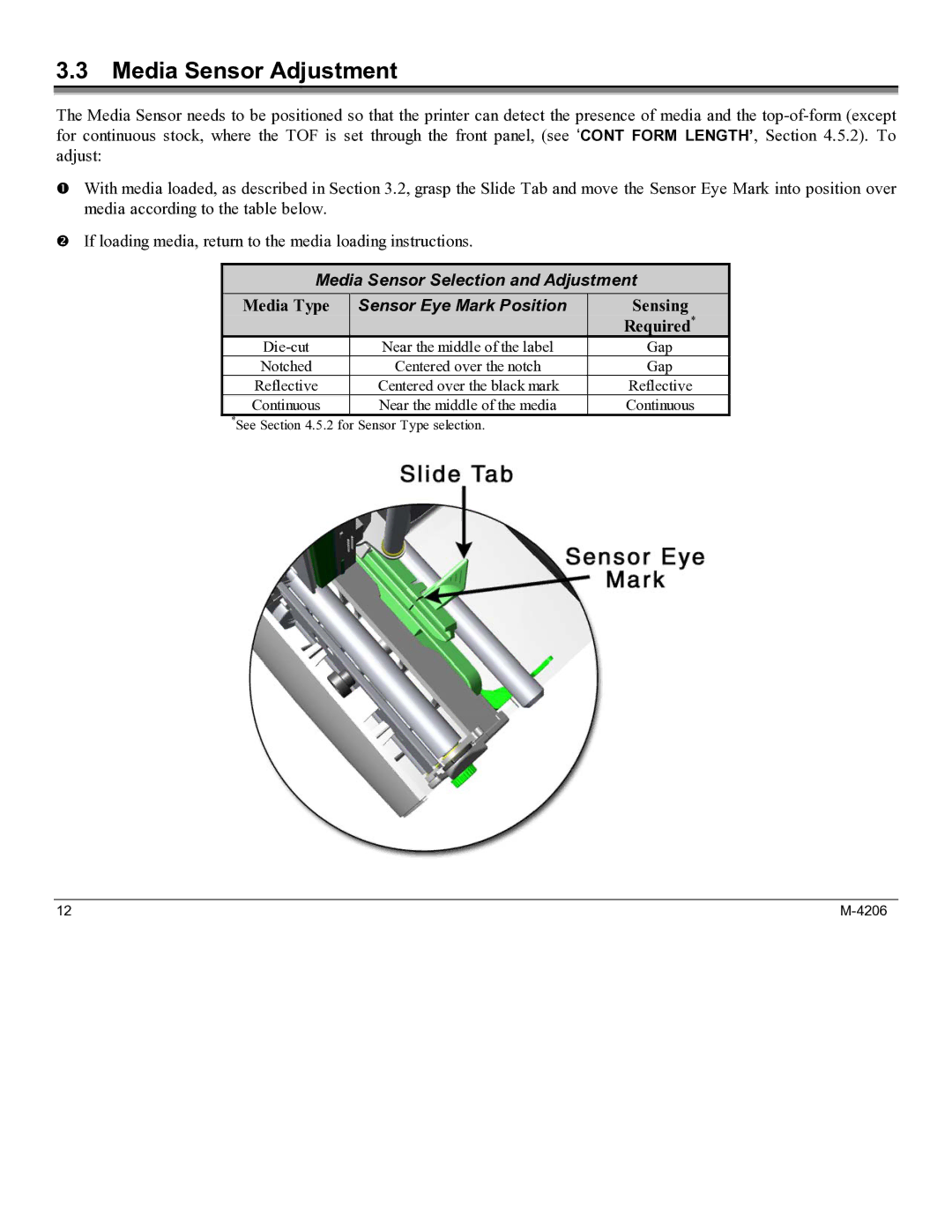 Datamax M-4206 manual Media Sensor Adjustment, Sensor Eye Mark Position 