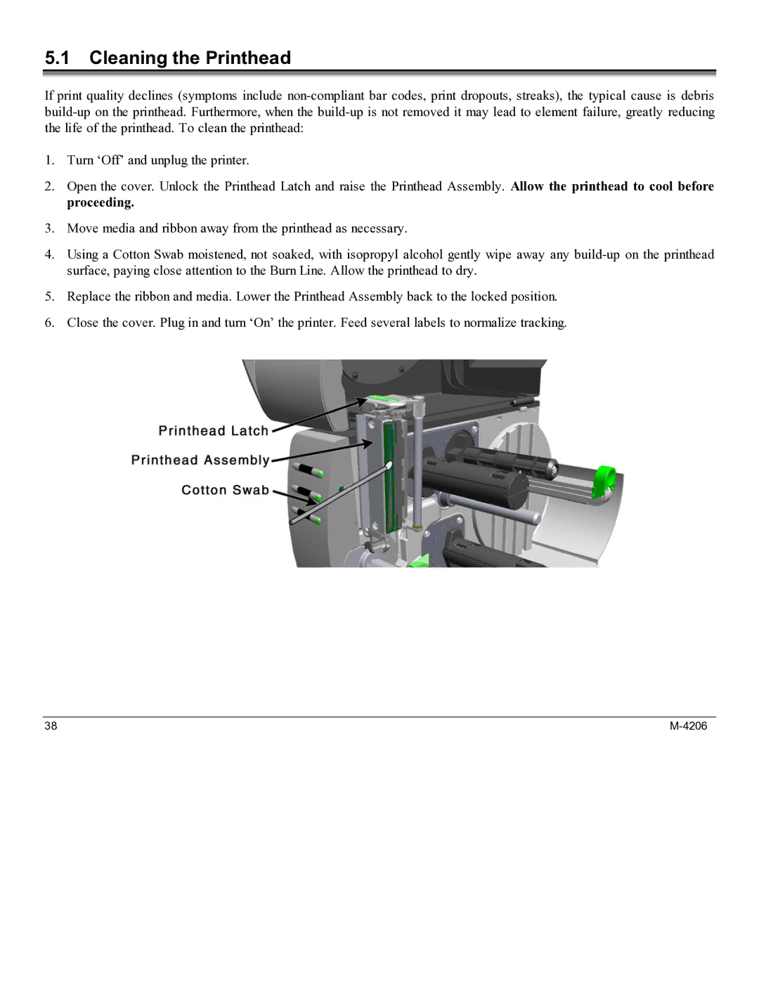 Datamax M-4206 manual Cleaning the Printhead 