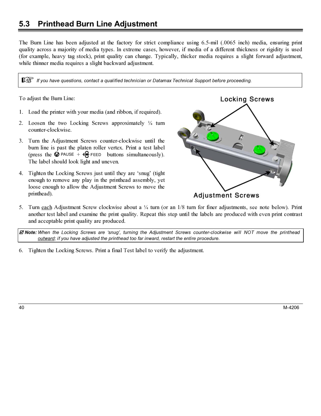 Datamax M-4206 manual Printhead Burn Line Adjustment 