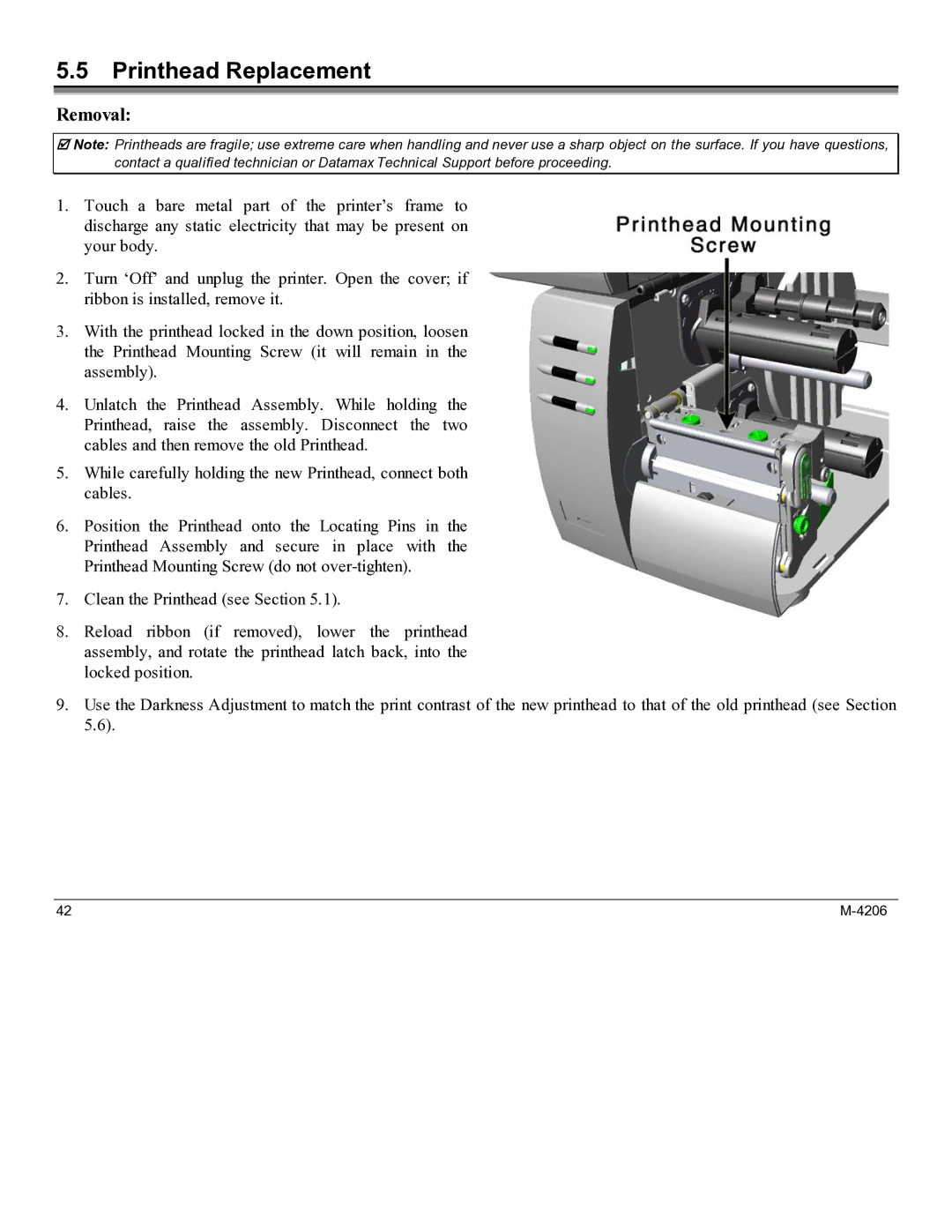 Datamax M-4206 manual Printhead Replacement, Removal 