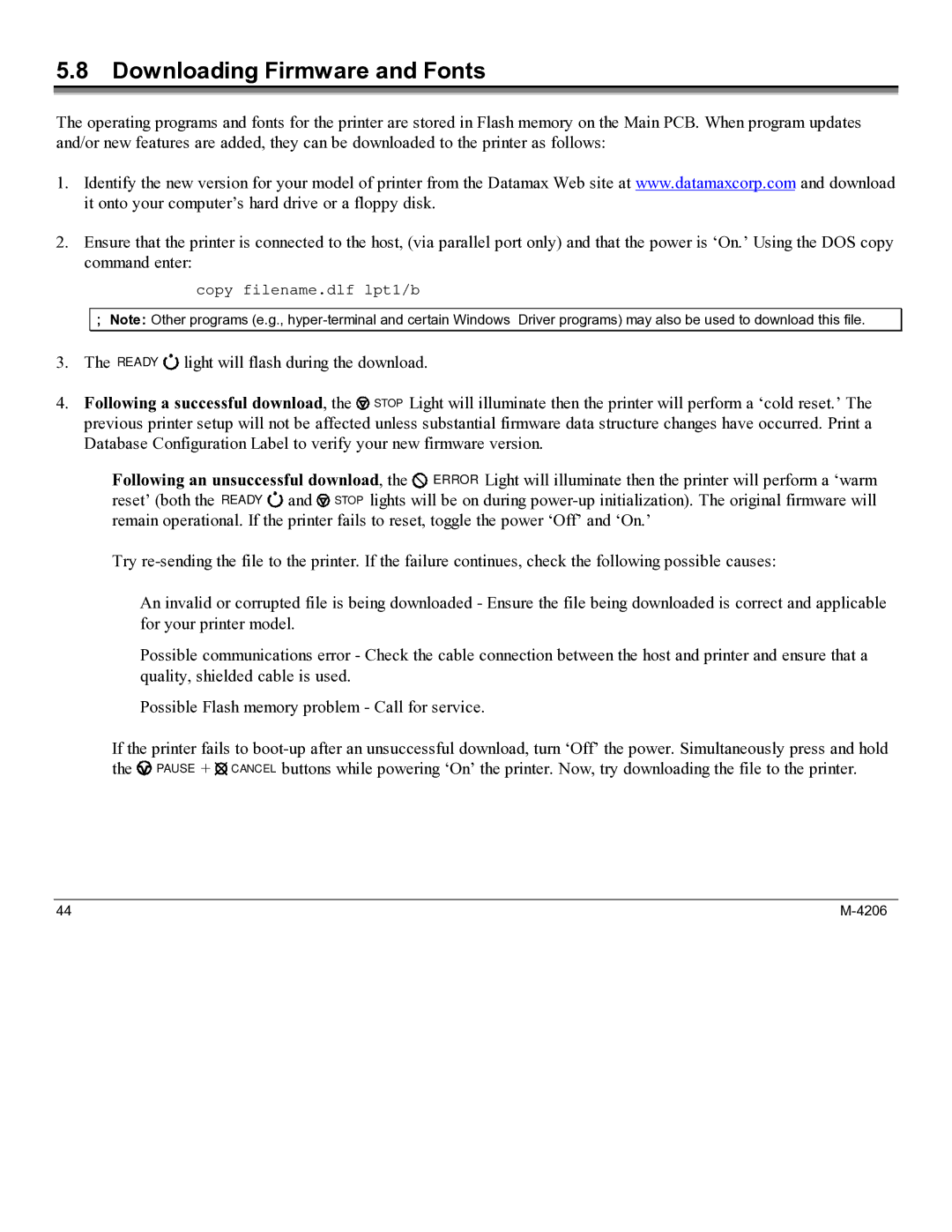 Datamax M-4206 manual Downloading Firmware and Fonts 