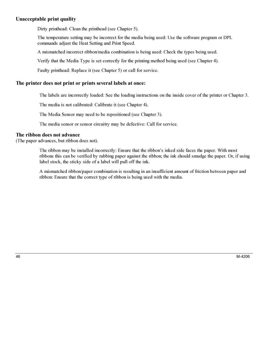 Datamax M-4206 manual Unacceptable print quality 