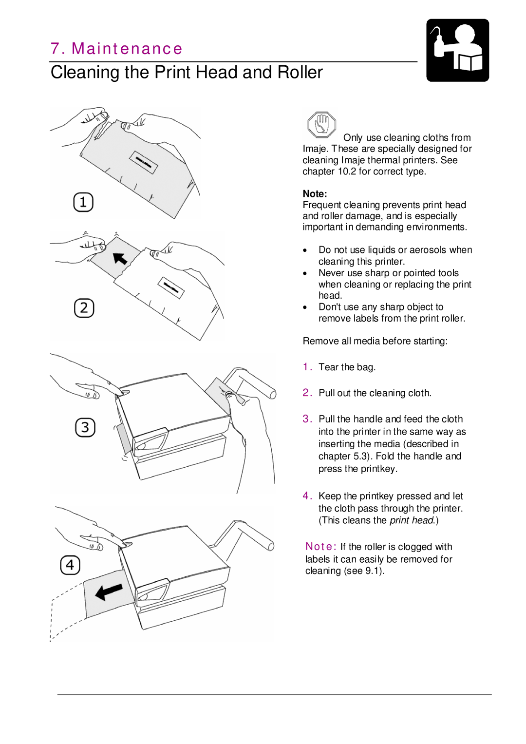 Datamax MP NOVA4 DT user manual Cleaning the Print Head and Roller 