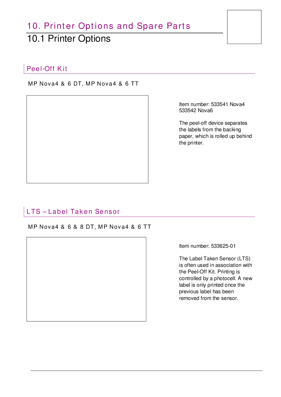 Datamax MP NOVA4 DT Printer Options, Peel-Off Kit, LTS Label Taken Sensor, Item number 533541 Nova4 533542 Nova6 