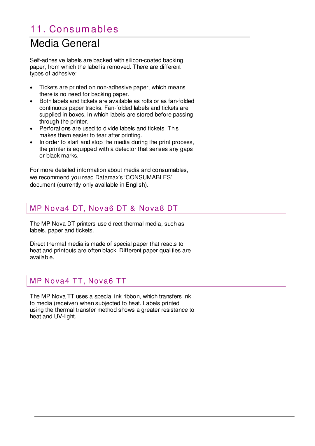 Datamax MP NOVA4 DT user manual Media General, MP Nova4 DT, Nova6 DT & Nova8 DT, MP Nova4 TT, Nova6 TT 