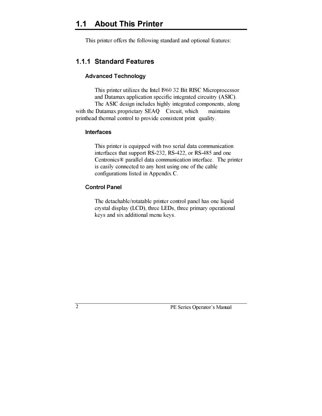 Datamax PE manual About This Printer, Standard Features 