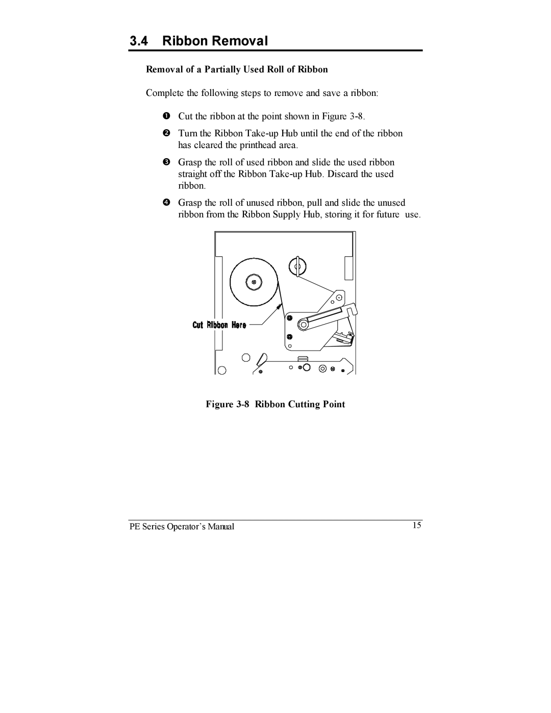 Datamax PE manual Ribbon Removal, Removal of a Partially Used Roll of Ribbon 