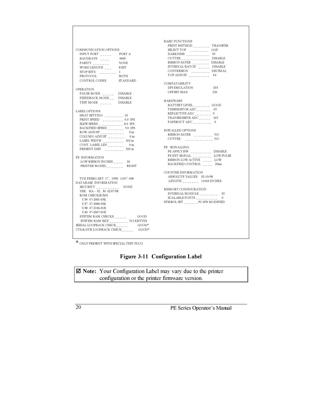 Datamax PE manual Configuration Label 