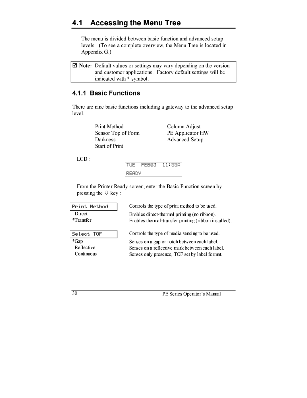 Datamax PE manual Accessing the Menu Tree, Basic Functions 