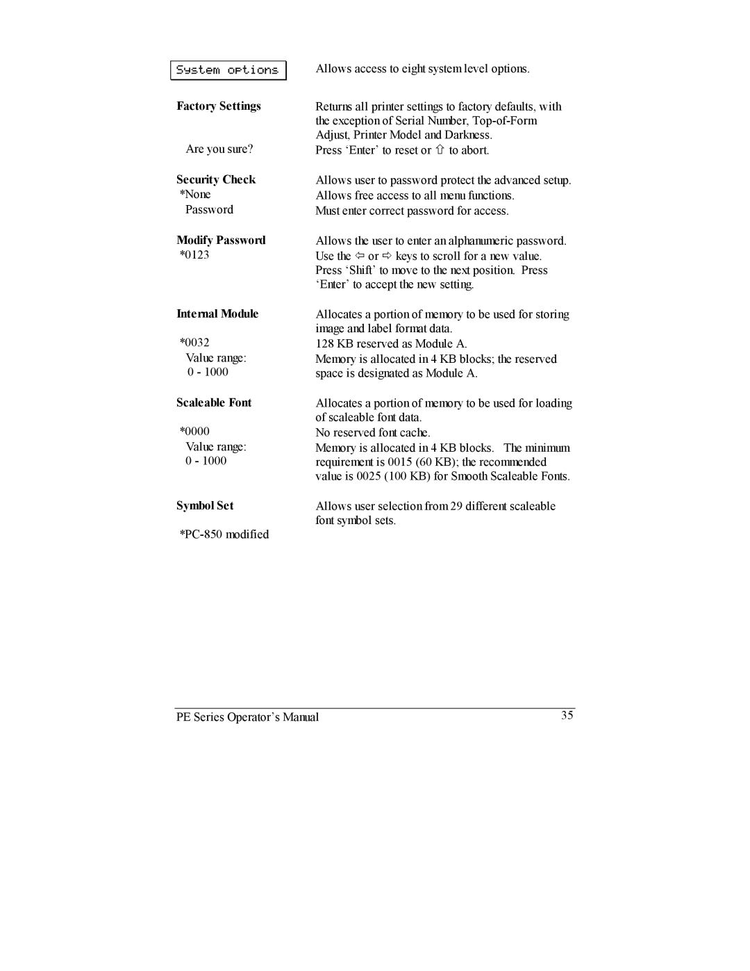 Datamax PE manual Factory Settings, Security Check, Modify Password, Internal Module, Scaleable Font, Symbol Set 