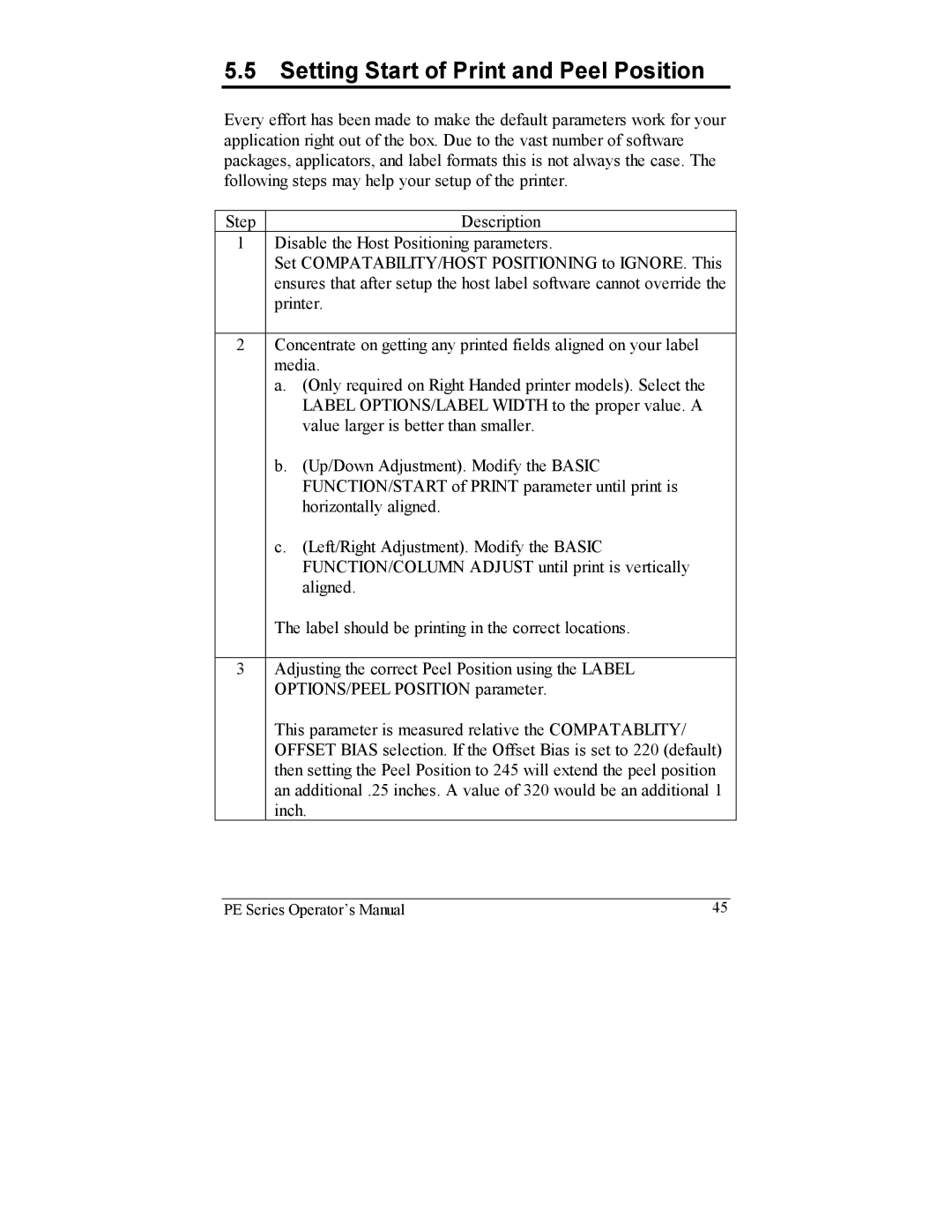 Datamax PE manual Setting Start of Print and Peel Position 