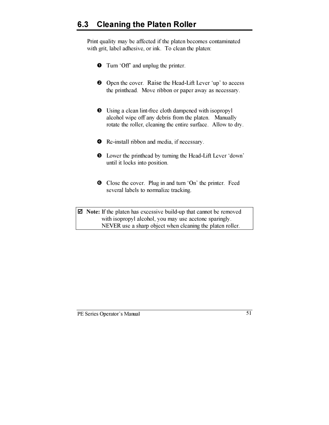 Datamax PE manual Cleaning the Platen Roller 