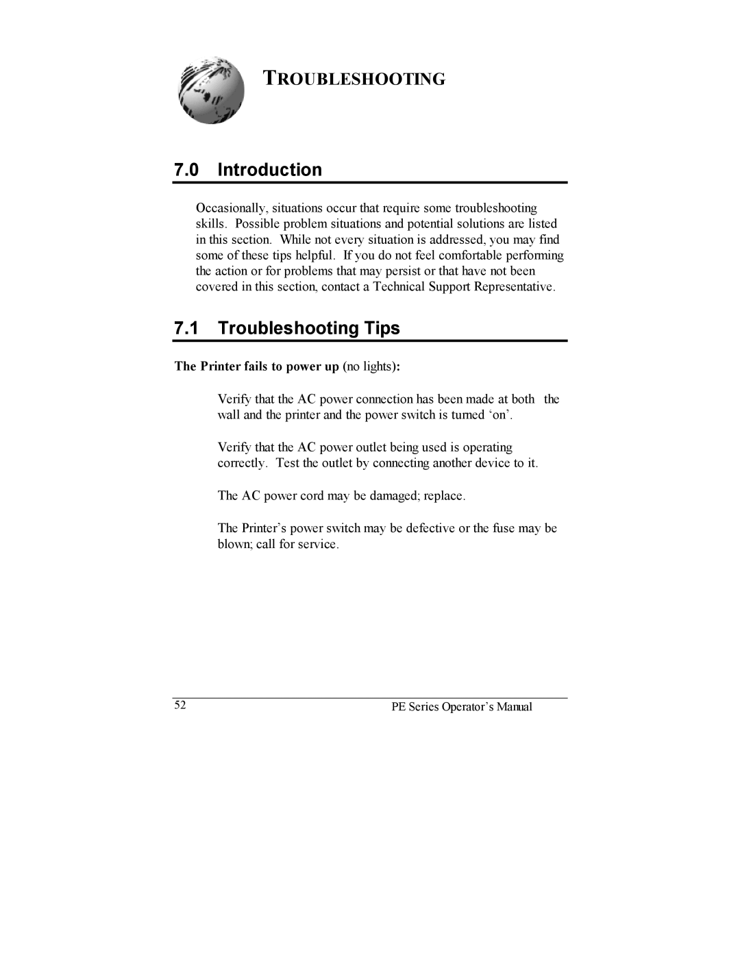 Datamax PE manual Troubleshooting Tips, Printer fails to power up no lights 