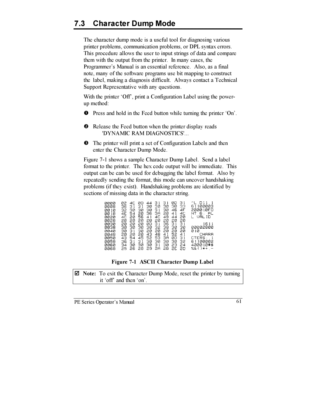 Datamax PE manual Character Dump Mode, Ascii Character Dump Label 