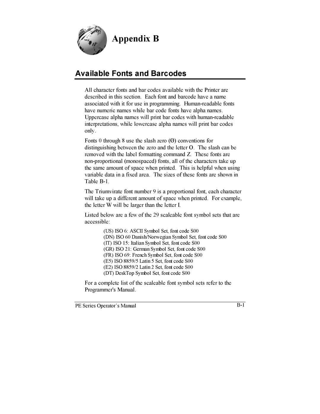 Datamax PE manual Appendix B, Available Fonts and Barcodes 