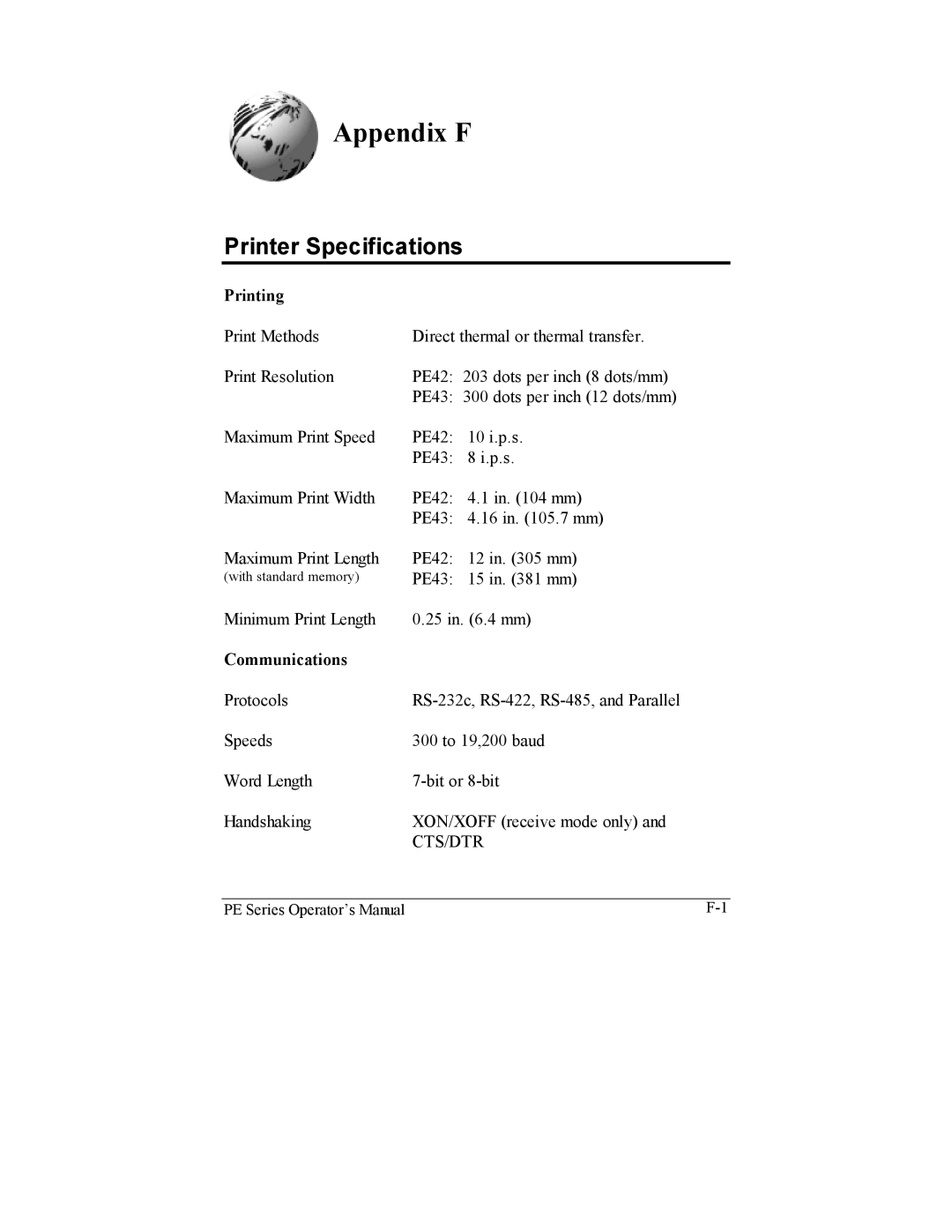 Datamax PE manual Appendix F, Printer Specifications, Printing, Communications 