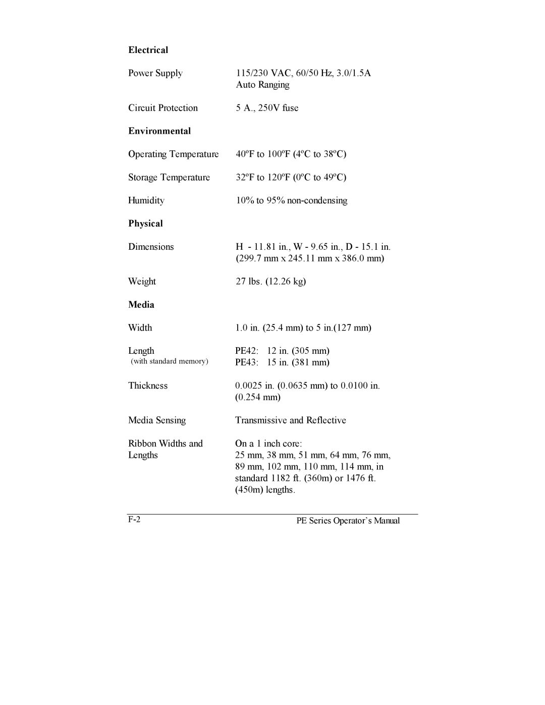 Datamax PE manual Electrical, Environmental, Physical, Media 