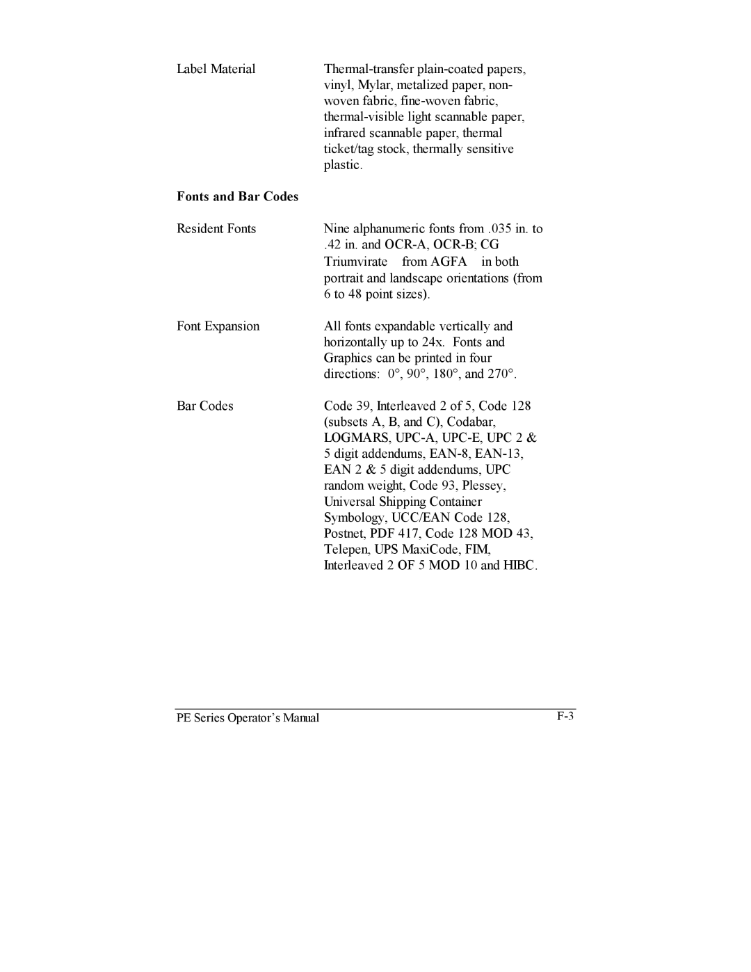 Datamax PE manual Fonts and Bar Codes 