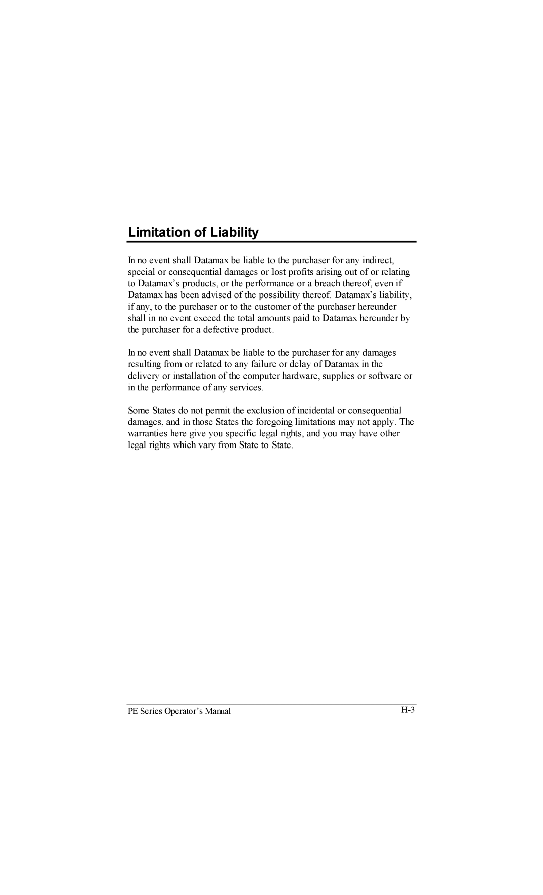 Datamax PE manual Limitation of Liability 