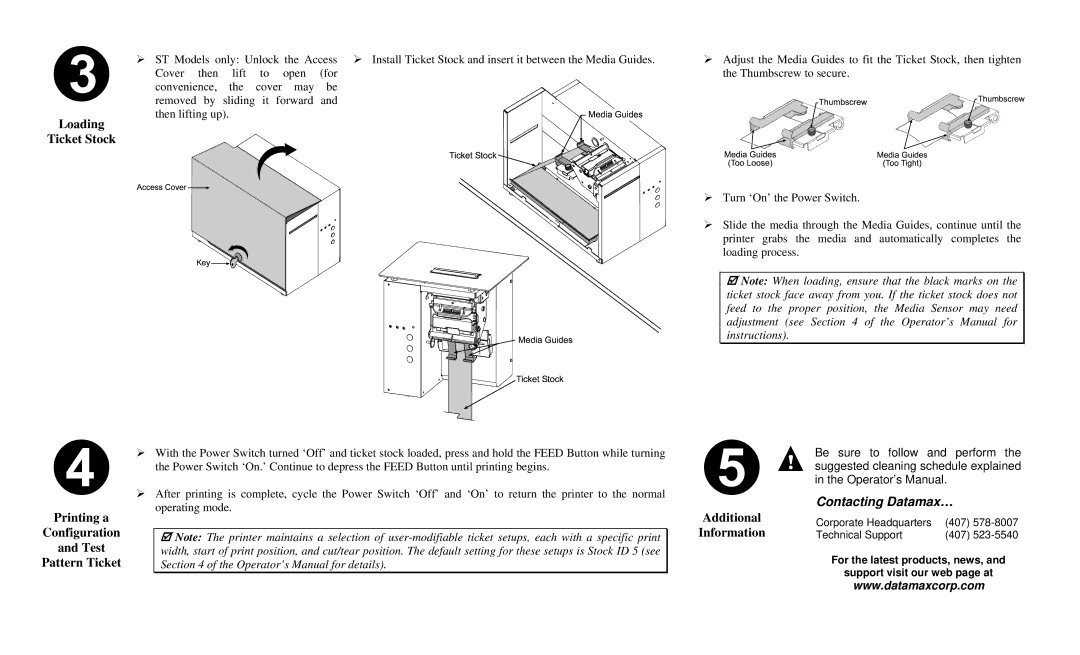 Datamax ST/SV 3210, ST/SV 3306 Loading Ticket Stock, Printing a Configuration Test Pattern Ticket, Additional Information 