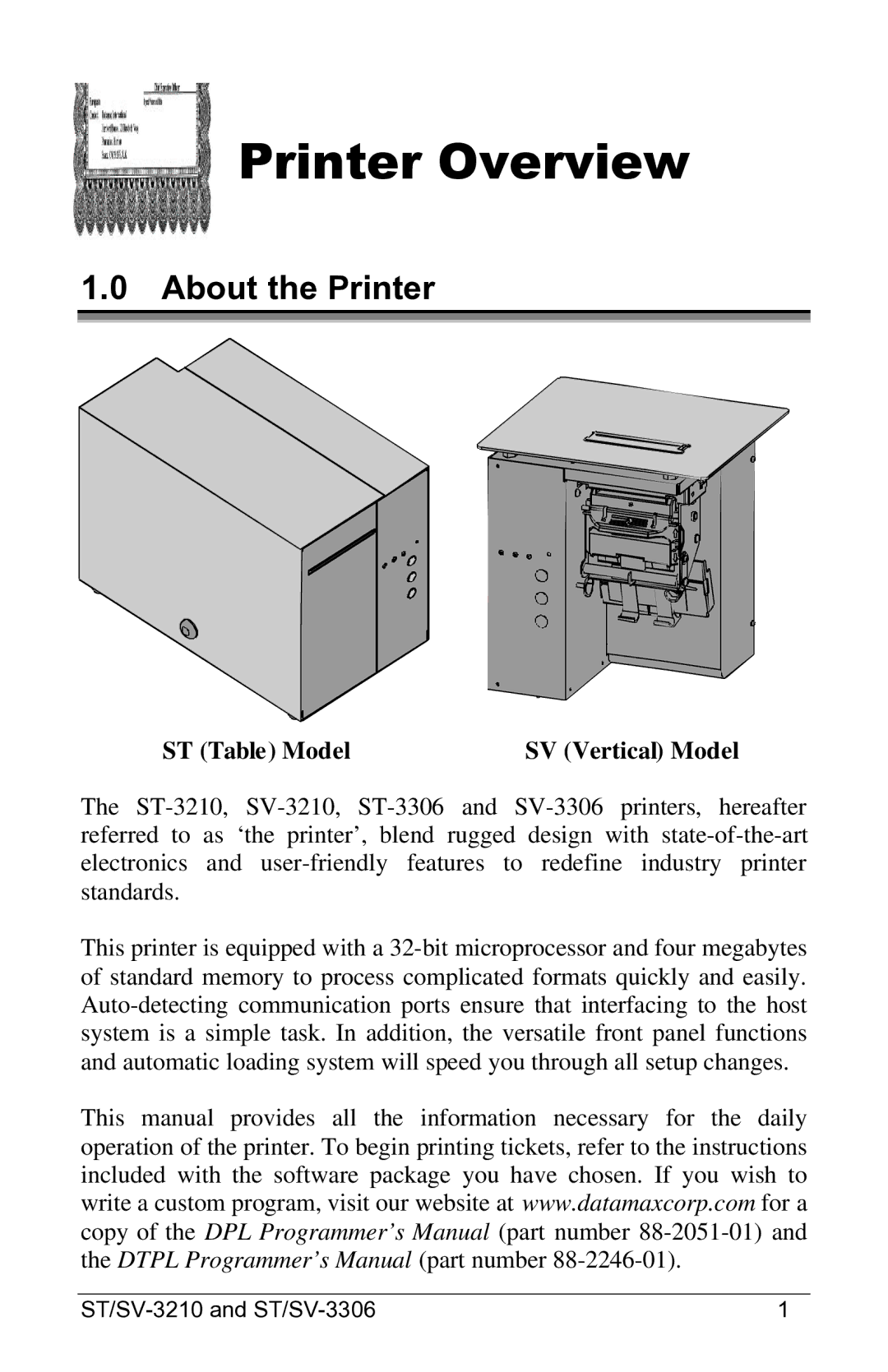 Datamax SV-3210, SV-3306, ST-3210, ST-3306 manual Printer Overview, About the Printer, ST Table Model 