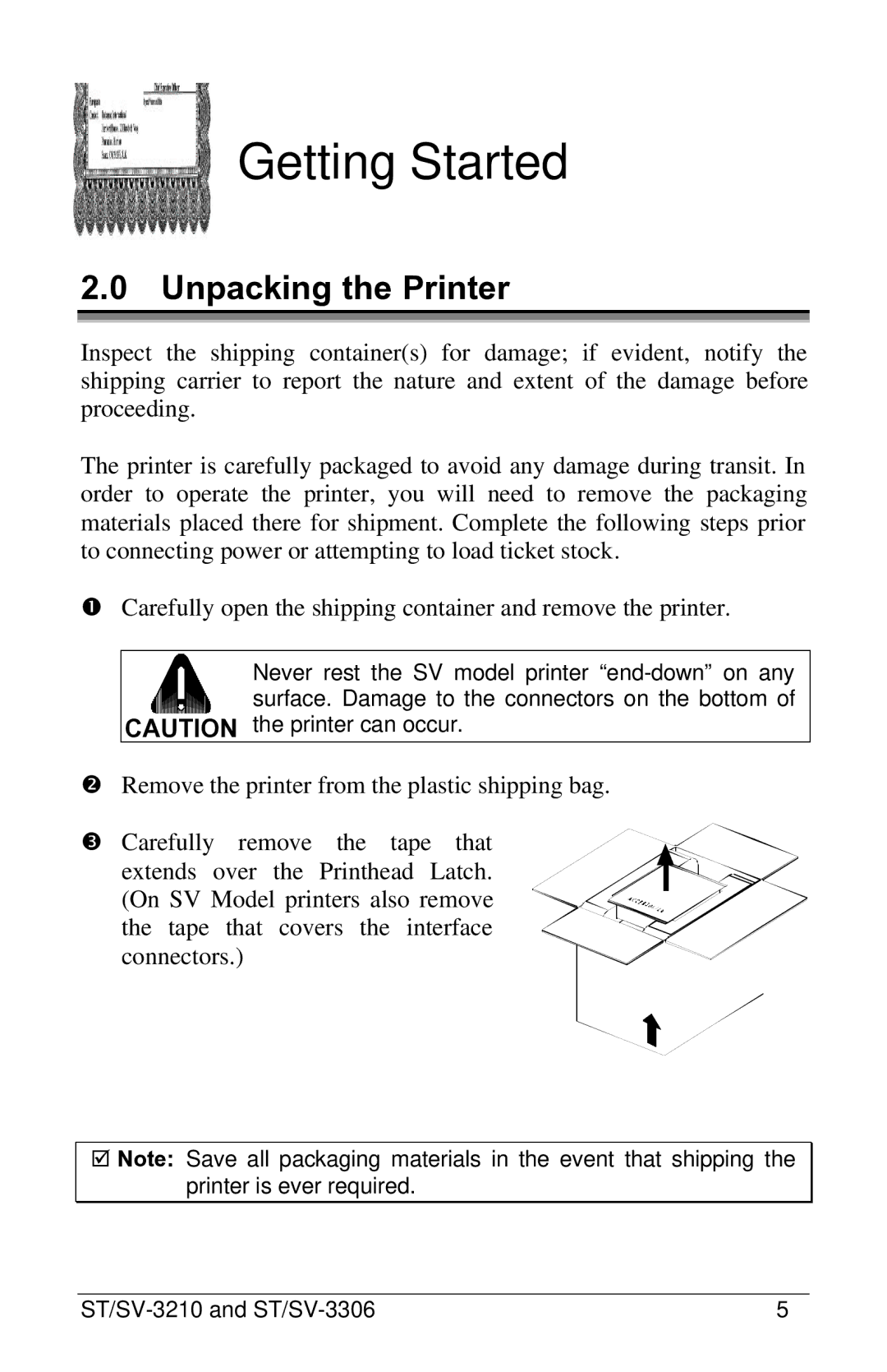 Datamax SV-3210, SV-3306, ST-3210, ST-3306 manual Getting Started, Unpacking the Printer 