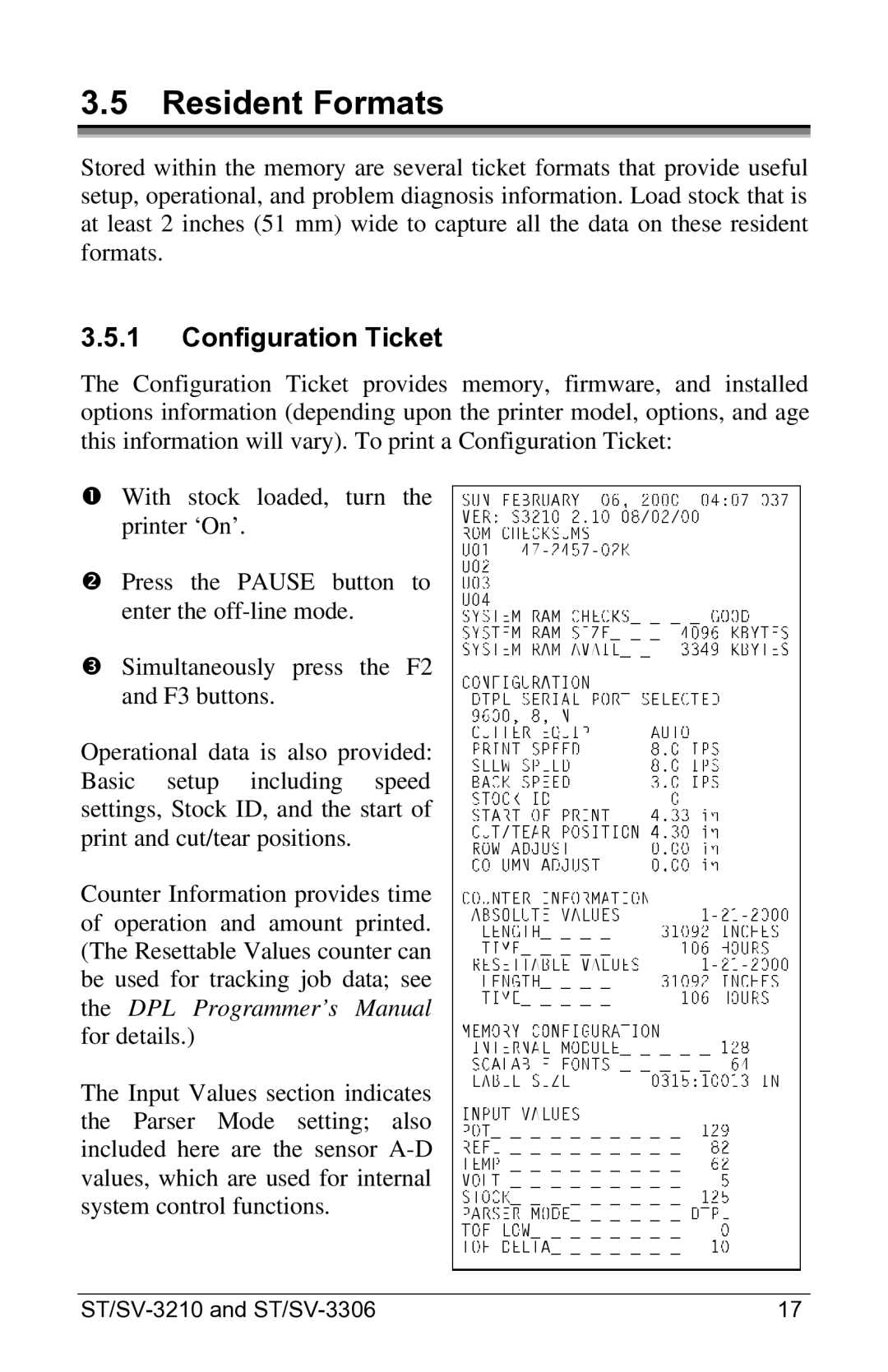 Datamax SV-3210, SV-3306, ST-3210, ST-3306 manual Resident Formats, Configuration Ticket 