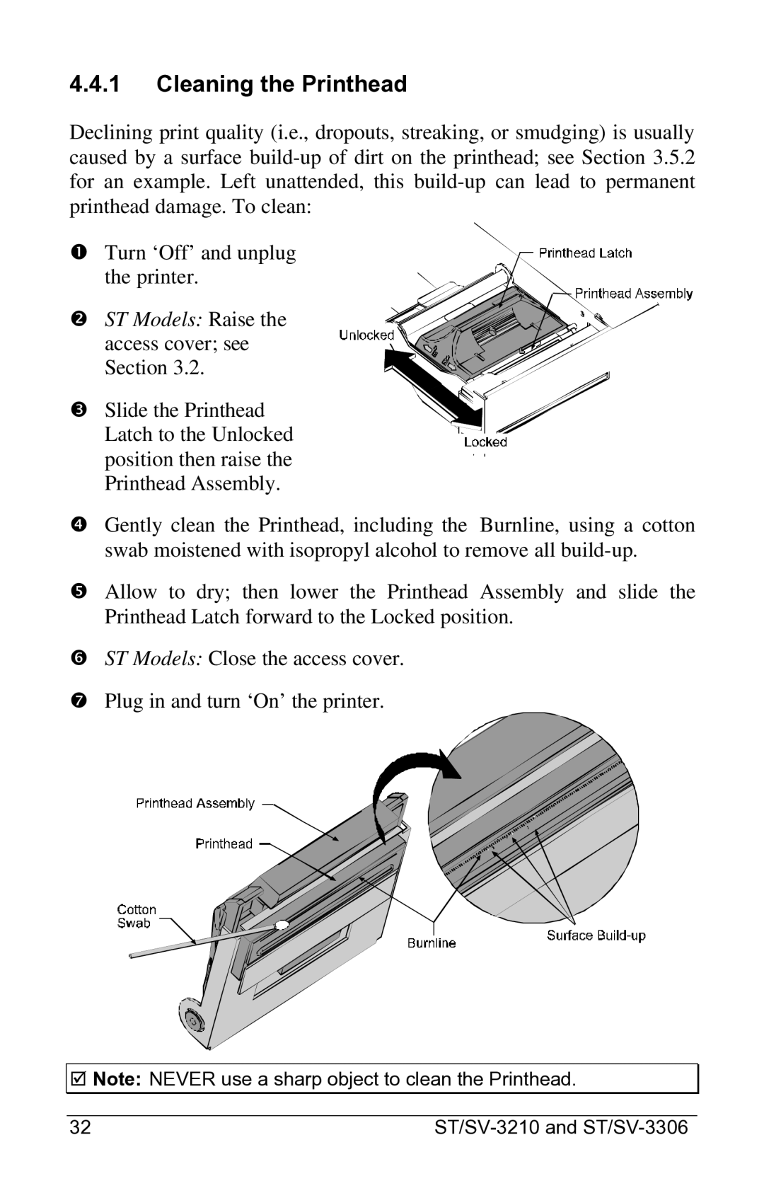 Datamax ST-3306, SV-3306, ST-3210, SV-3210 manual Cleaning the Printhead, ST Models Raise 