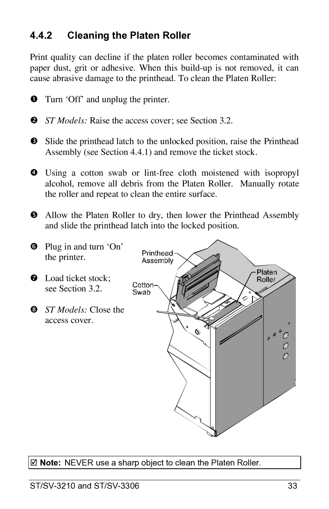 Datamax SV-3210, SV-3306, ST-3210, ST-3306 manual Cleaning the Platen Roller 