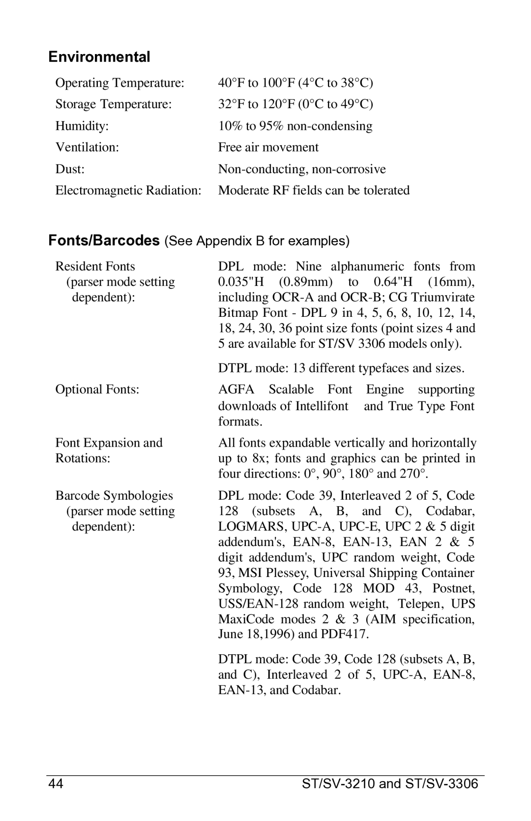 Datamax ST-3306, SV-3306, ST-3210, SV-3210 manual Environmental 