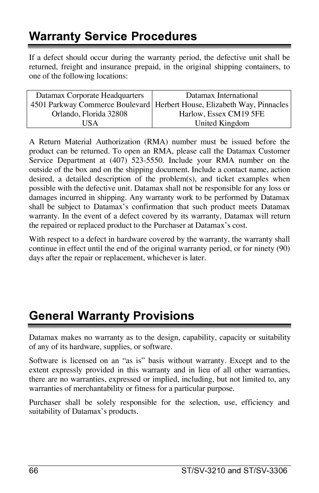 Datamax SV-3306, ST-3210, ST-3306, SV-3210 manual Warranty Service Procedures, General Warranty Provisions 