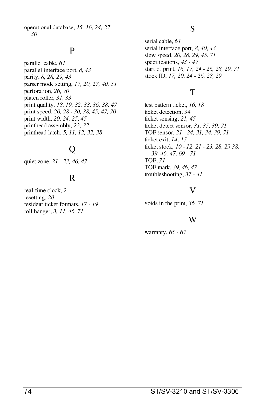 Datamax SV-3306, ST-3210, ST-3306, SV-3210 manual Ticket stock, 10 12, 21 23, 28, 29 38, 39, 46, 47, 69 