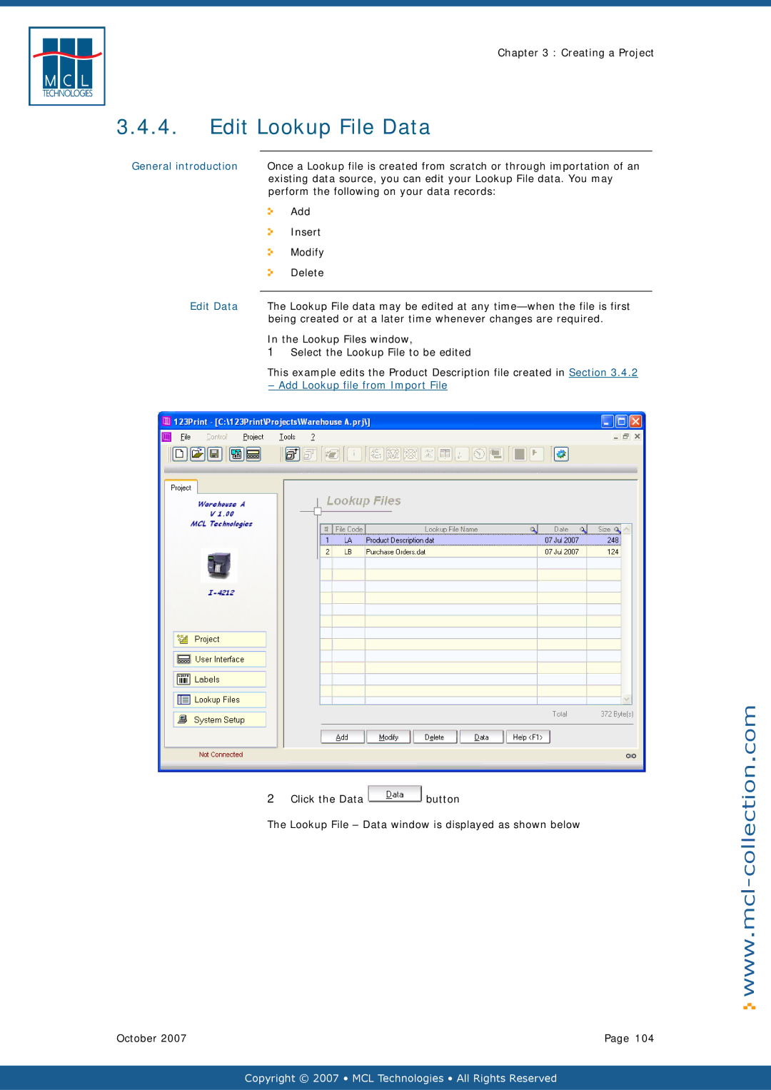 Datamax v1.1x user manual Edit Lookup File Data, Edit Data, Add Lookup file from Import File 