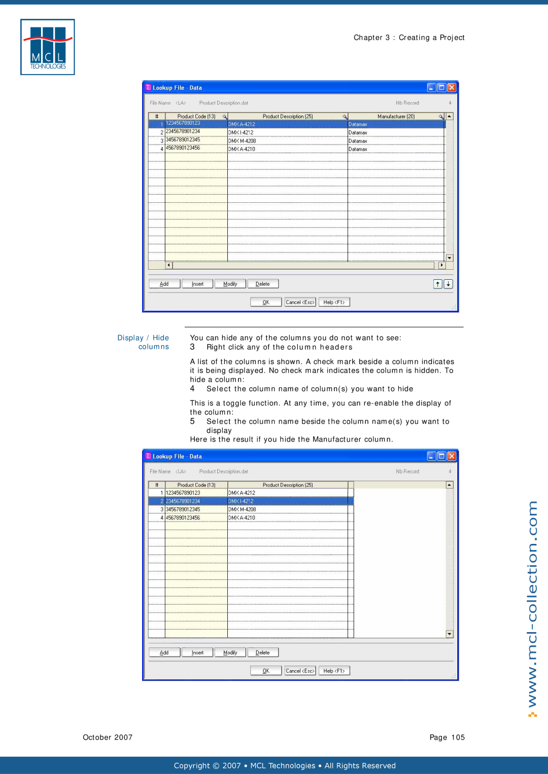 Datamax v1.1x user manual Columns Right click any of the column headers 