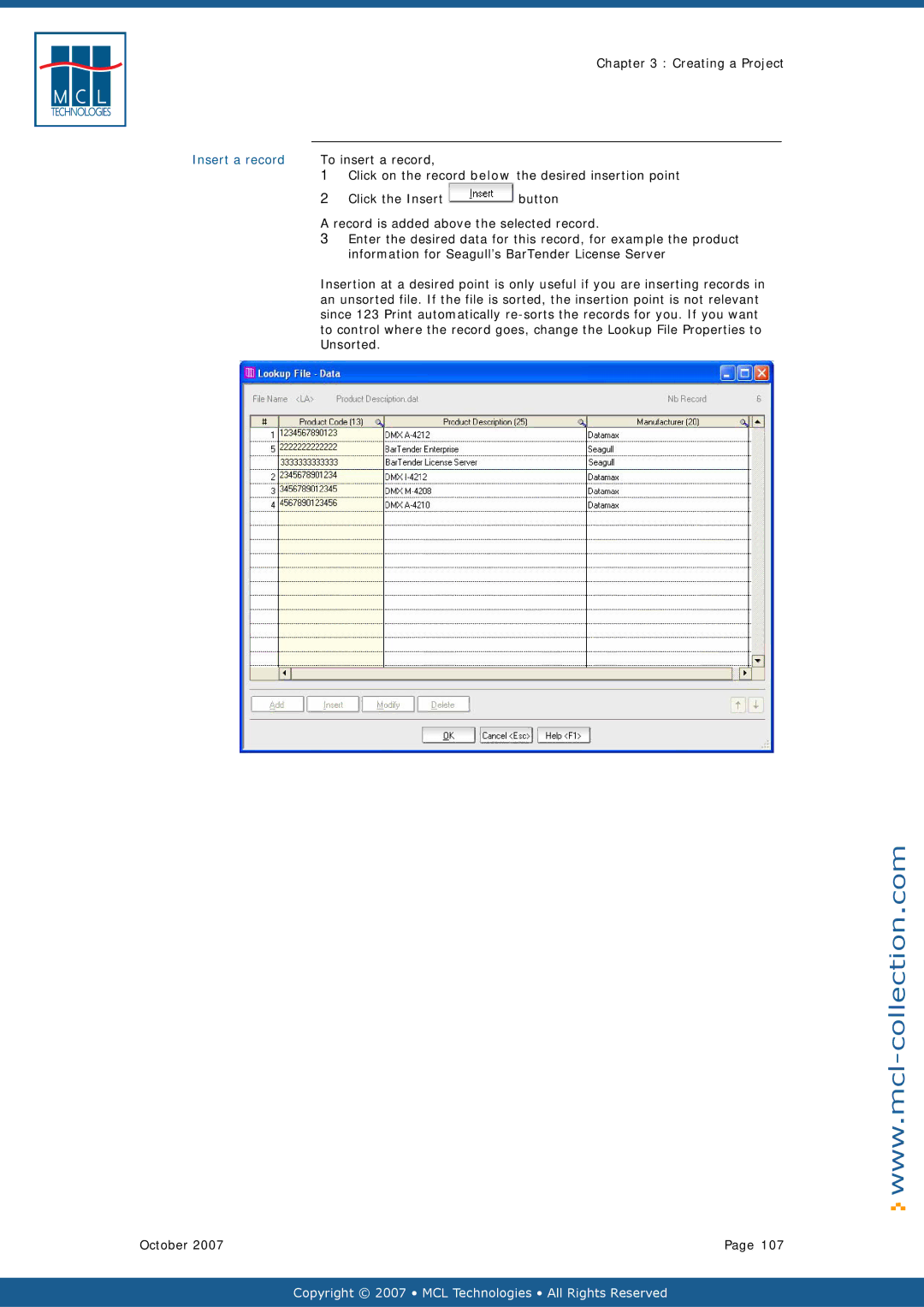 Datamax v1.1x user manual Insert a record, To insert a record 