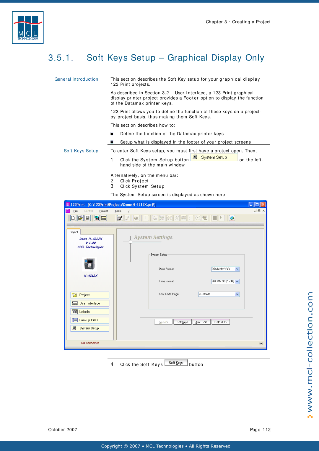 Datamax v1.1x user manual Soft Keys Setup Graphical Display Only, Datamax printer keys, Click Project Click System Setup 