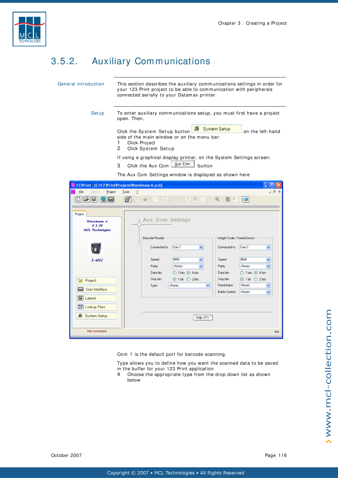 Datamax v1.1x user manual Auxiliary Communications, Connected serially to your Datamax printer 