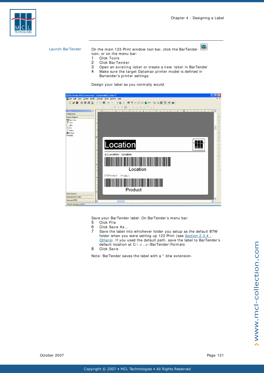 Datamax v1.1x user manual Launch BarTender, Click BarTender, Click Save As… 