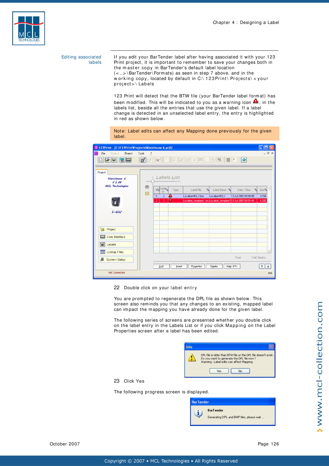 Datamax v1.1x Master copy in BarTender’s default label location, …\BarTender\Formats as seen in above, Project\Labels 