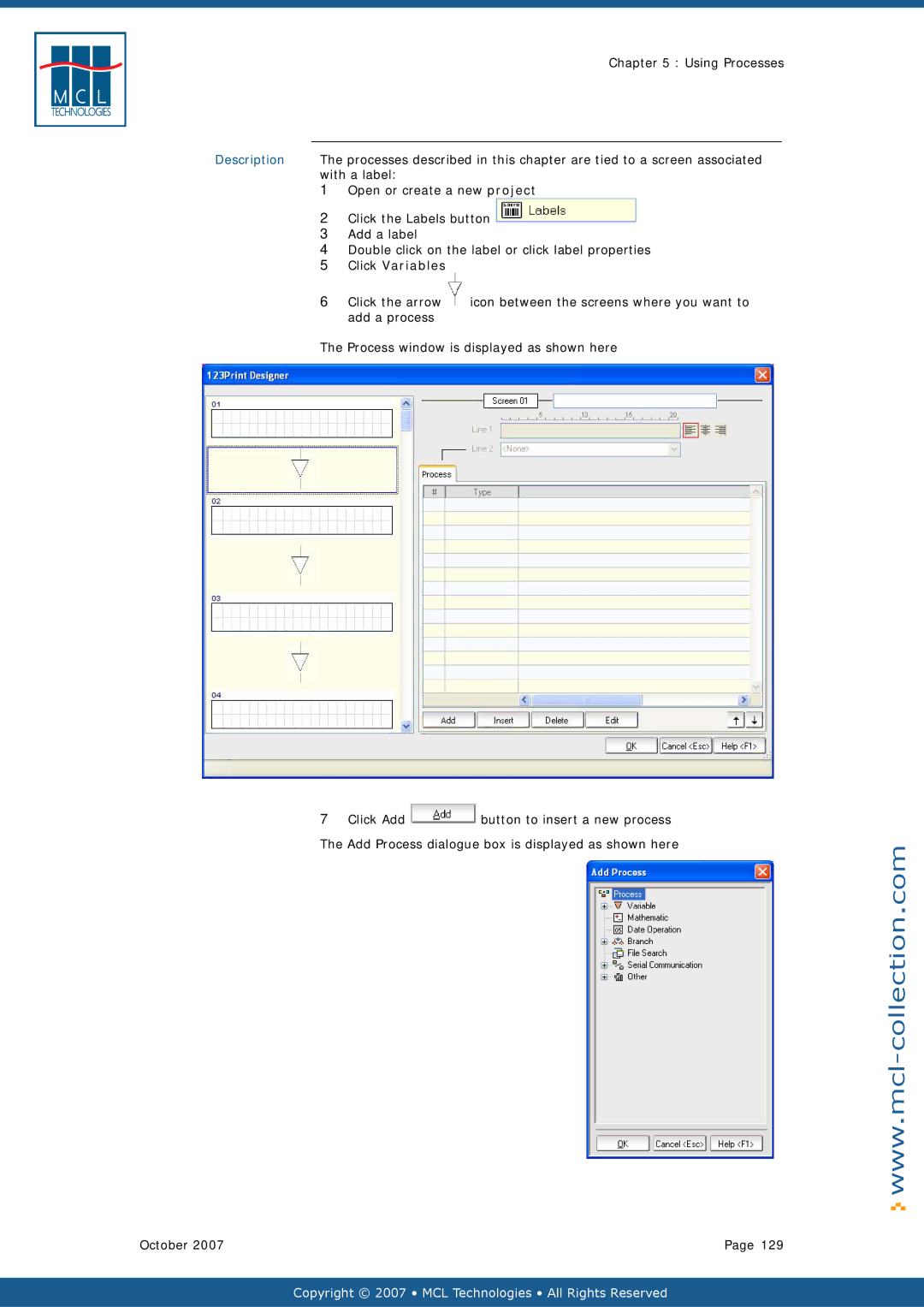 Datamax v1.1x user manual Click Variables, Click the arrow, Add a process Process window is displayed as shown here 