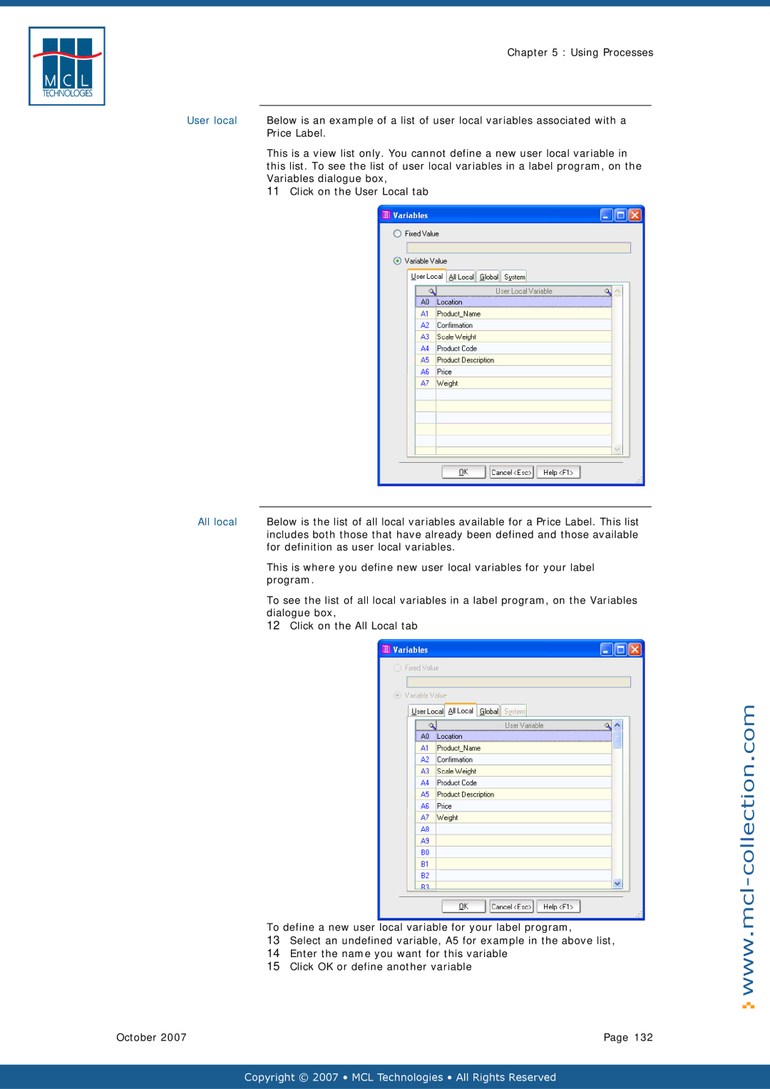 Datamax v1.1x user manual User local, Price Label, All local, For definition as user local variables, Program 