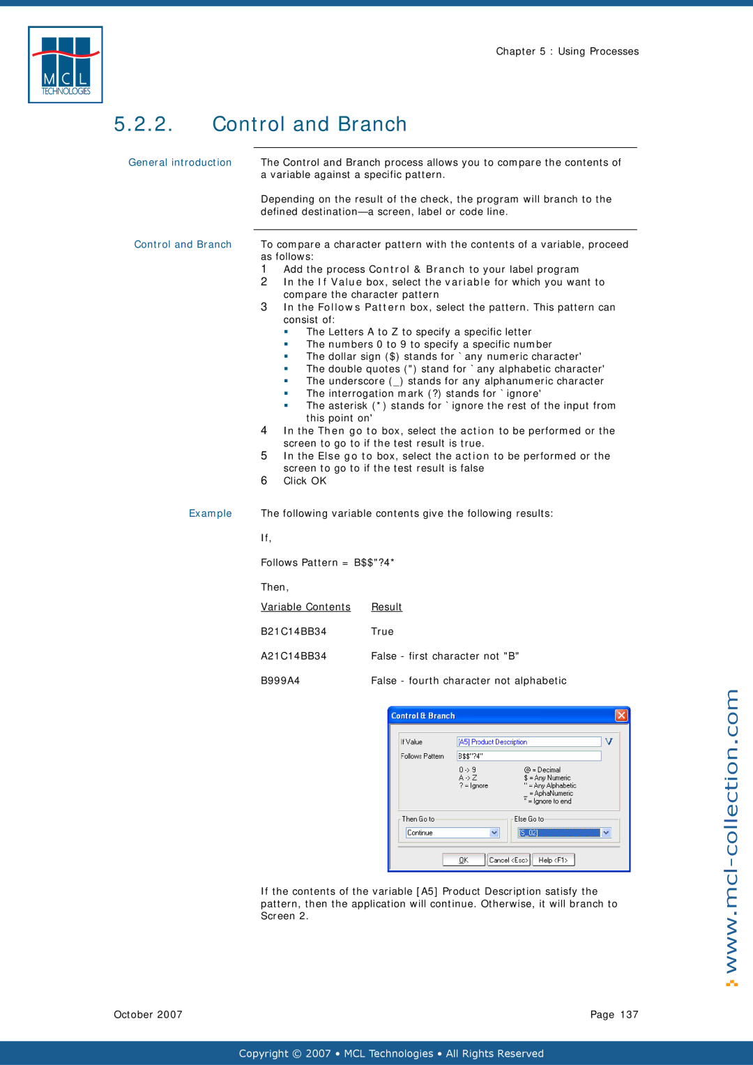 Datamax v1.1x Control and Branch, Variable against a specific pattern, Defined destination-a screen, label or code line 