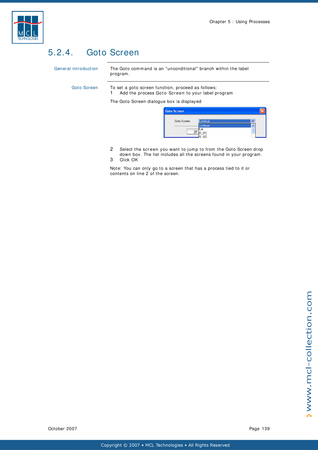 Datamax v1.1x user manual Add the process Goto Screen to your label program, Goto Screen dialogue box is displayed 