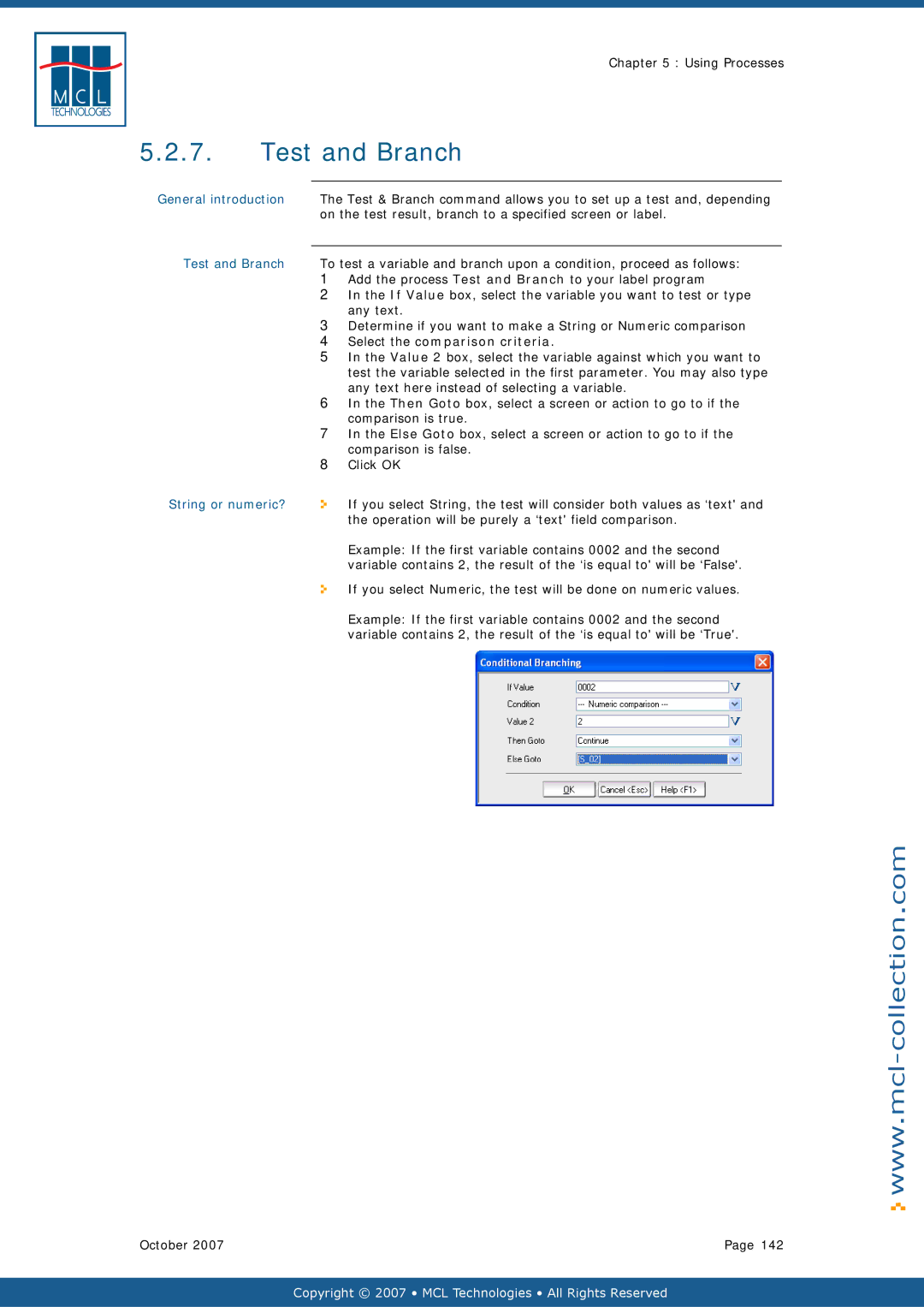 Datamax v1.1x user manual Test and Branch, Select the comparison criteria, String or numeric? 