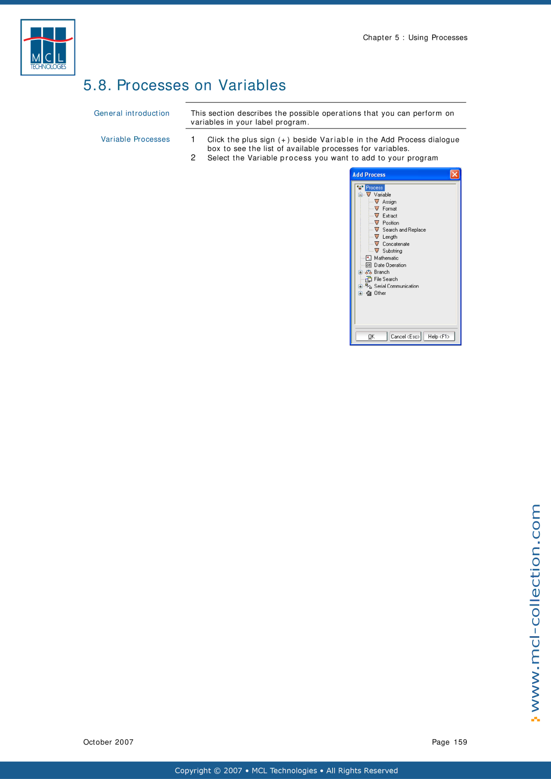 Datamax v1.1x user manual Processes on Variables, Variables in your label program, Variable Processes 