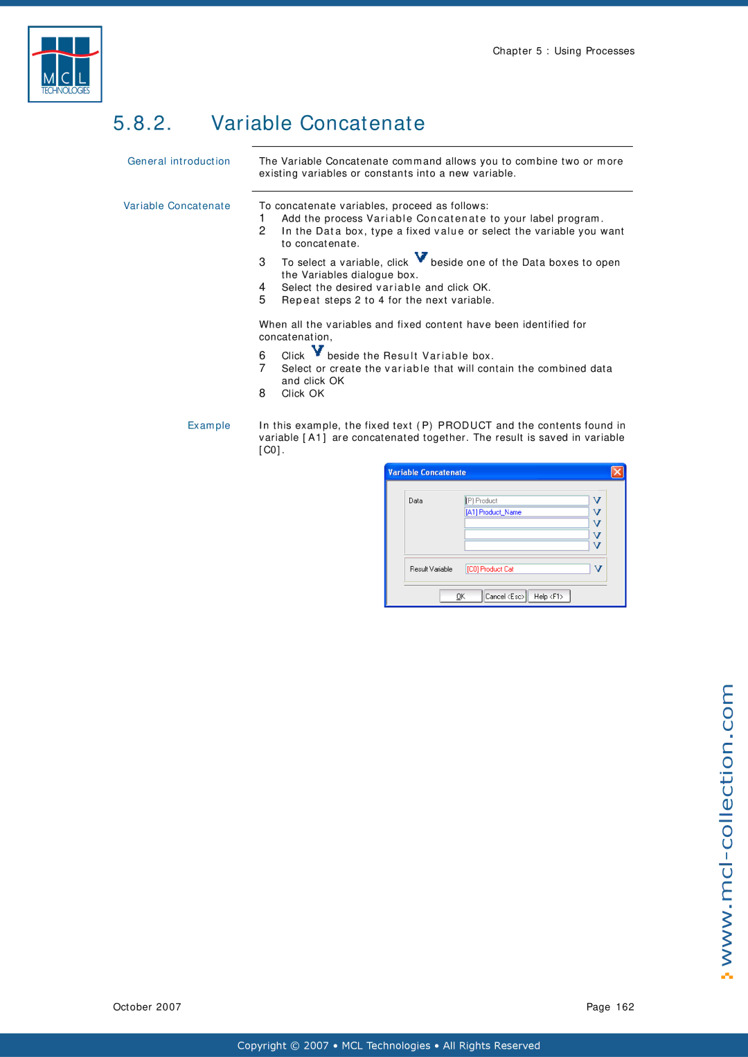 Datamax v1.1x user manual Variable Concatenate, Existing variables or constants into a new variable 