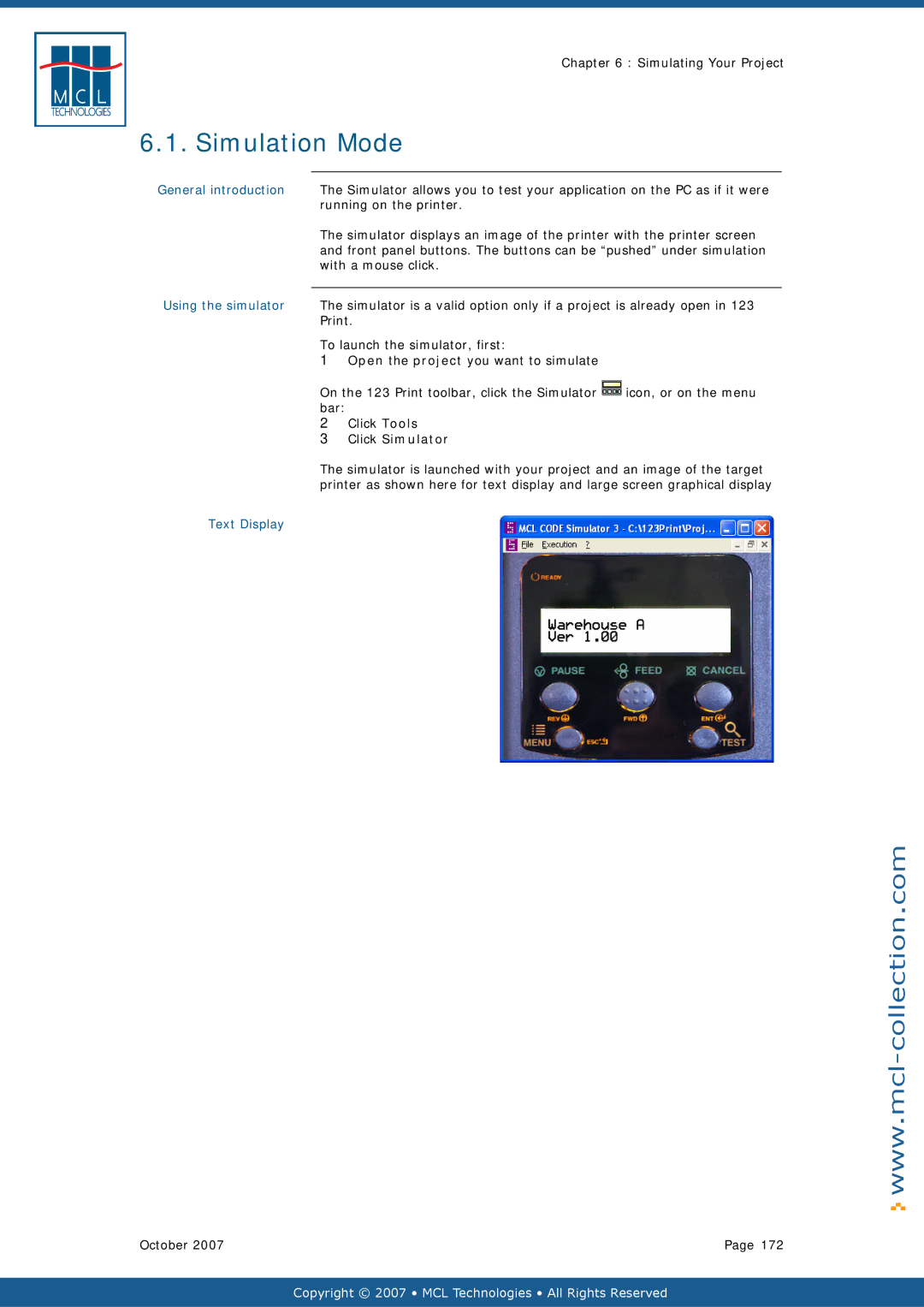 Datamax v1.1x user manual Simulation Mode, Running on the printer, With a mouse click, Using the simulator, Click Simulator 