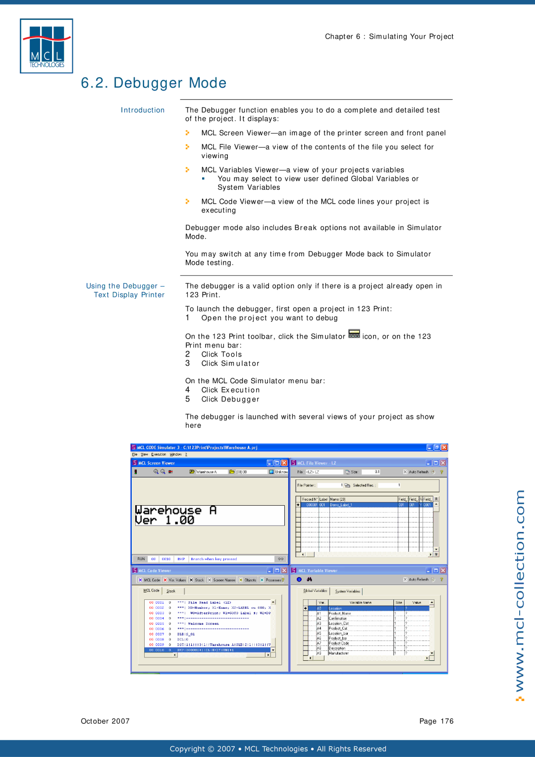 Datamax v1.1x user manual Debugger Mode, Text Display Printer, Click Execution Click Debugger 