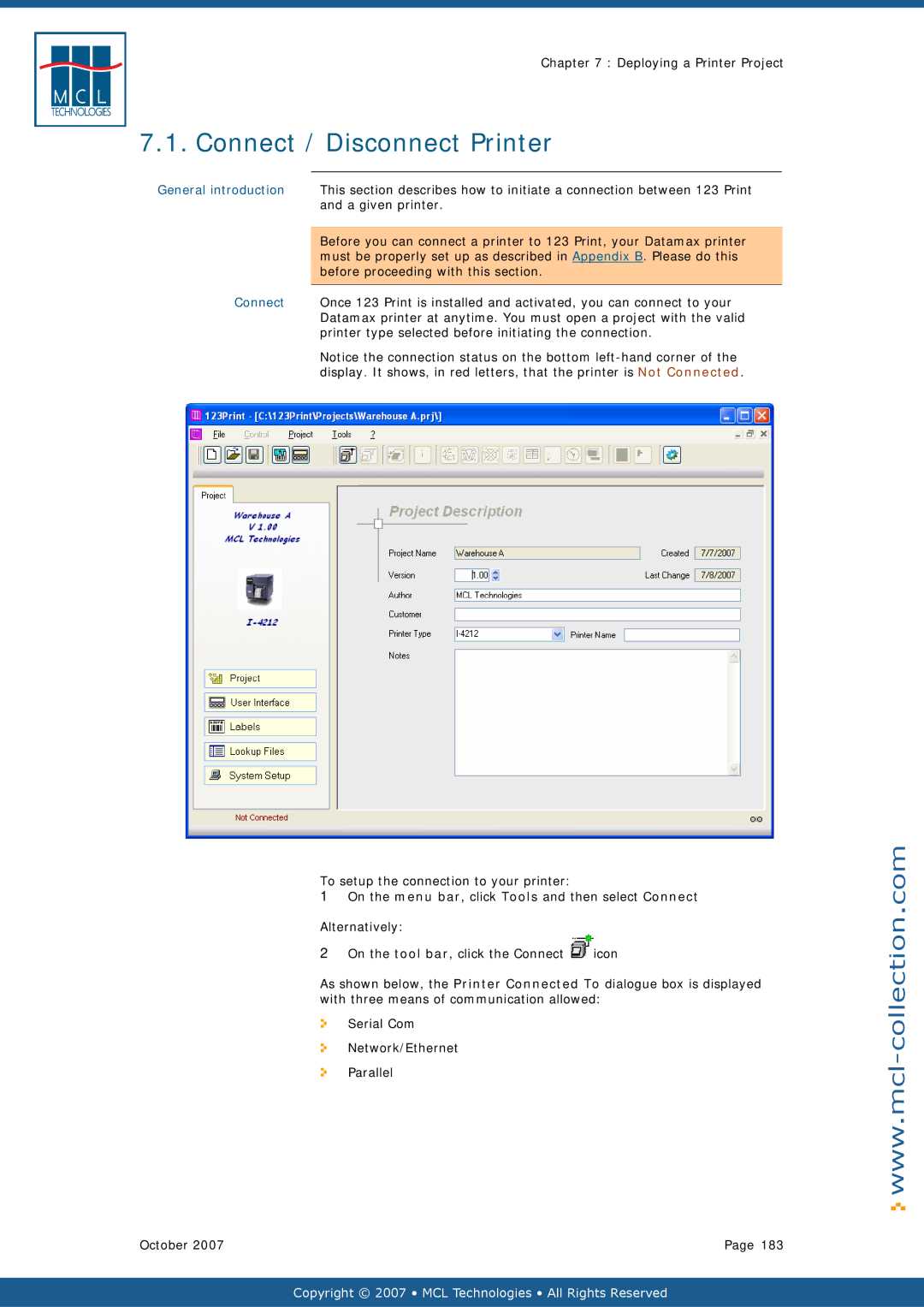 Datamax v1.1x user manual Connect / Disconnect Printer, A given printer, Before proceeding with this section 